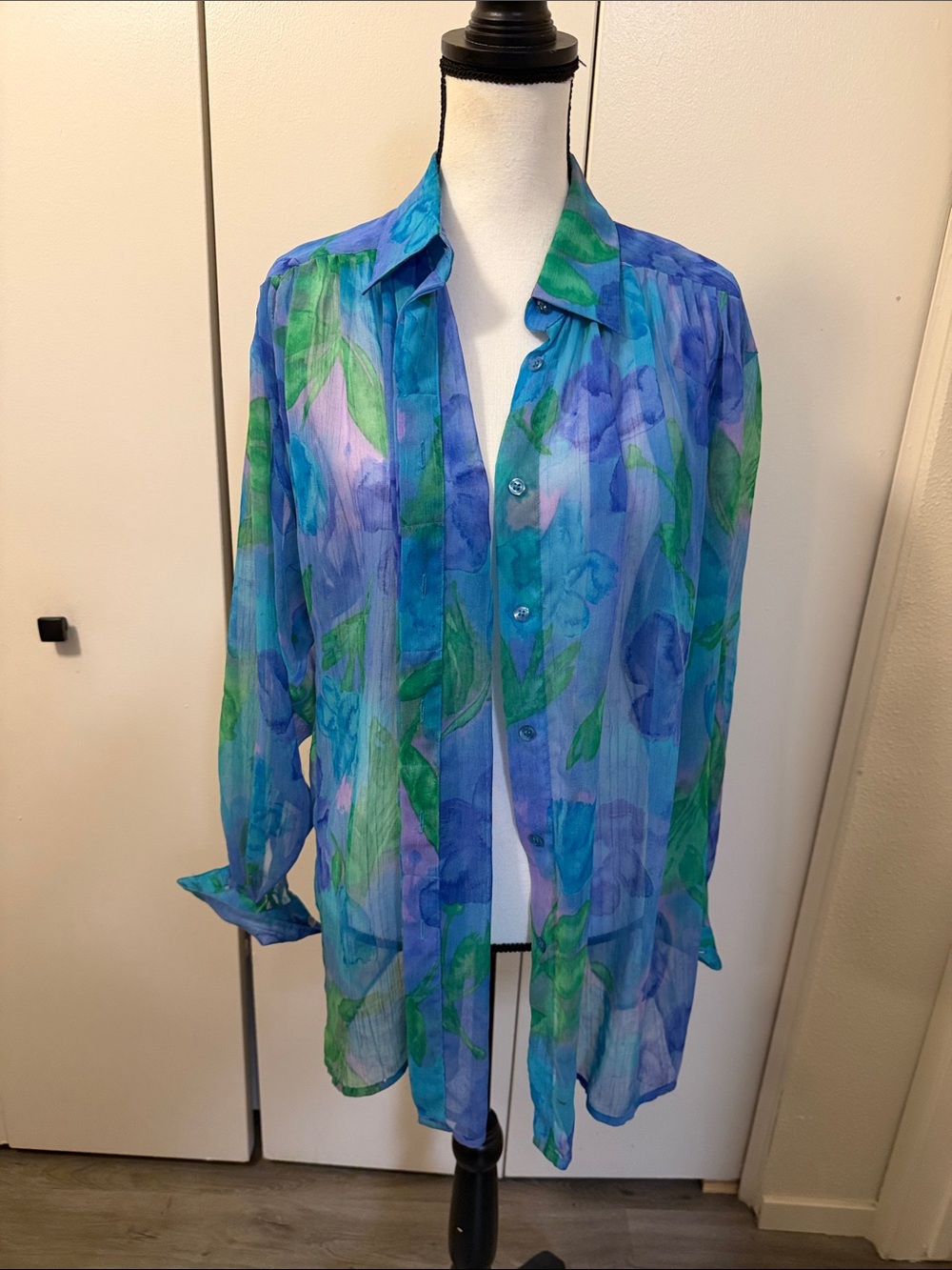 Sheer Blue-Green Floral Button-Up Blouse